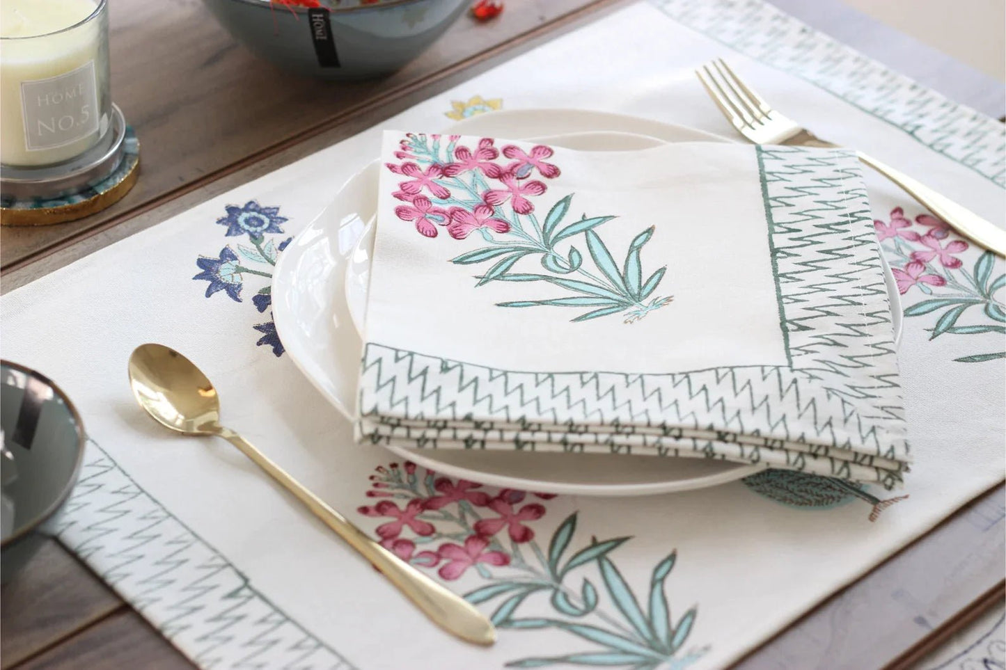 Gulaabi Handblock Printed Table Mats and Napkins (Set of 6) - Wildalaya