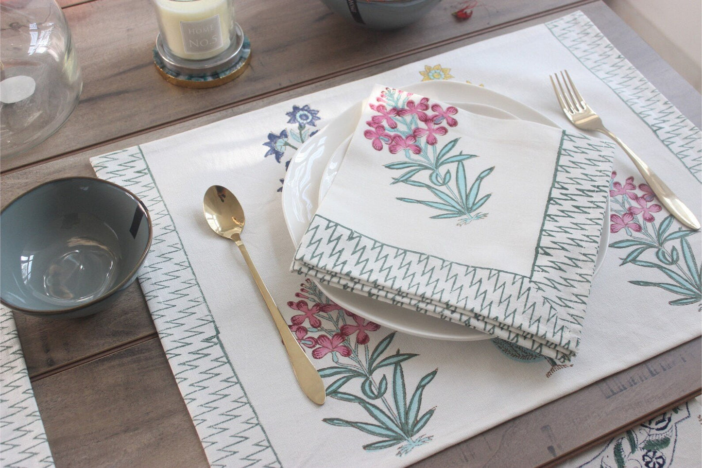 Gulaabi Handblock Printed Table Mats and Napkins (Set of 6) - Wildalaya