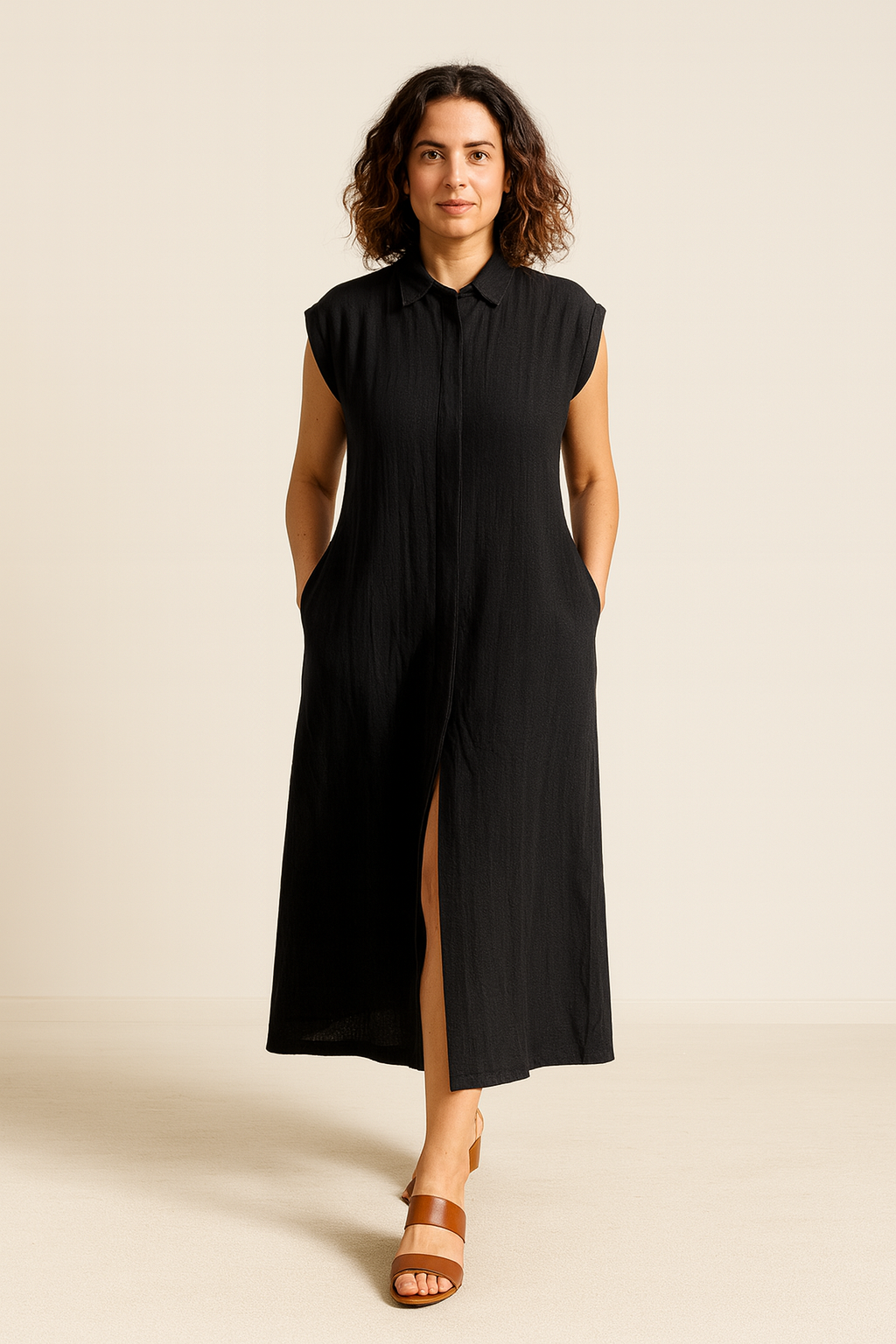Hemp Black Sleeveless Shirt Dress