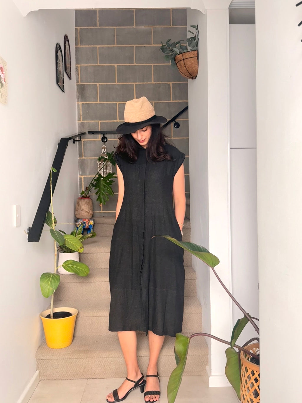 Hemp Black Sleeveless Shirt Dress