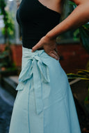 Wildalaya Everyday Hemp Wrap Skirt tied at waist, hemp fabric, earthy tones, rainwater