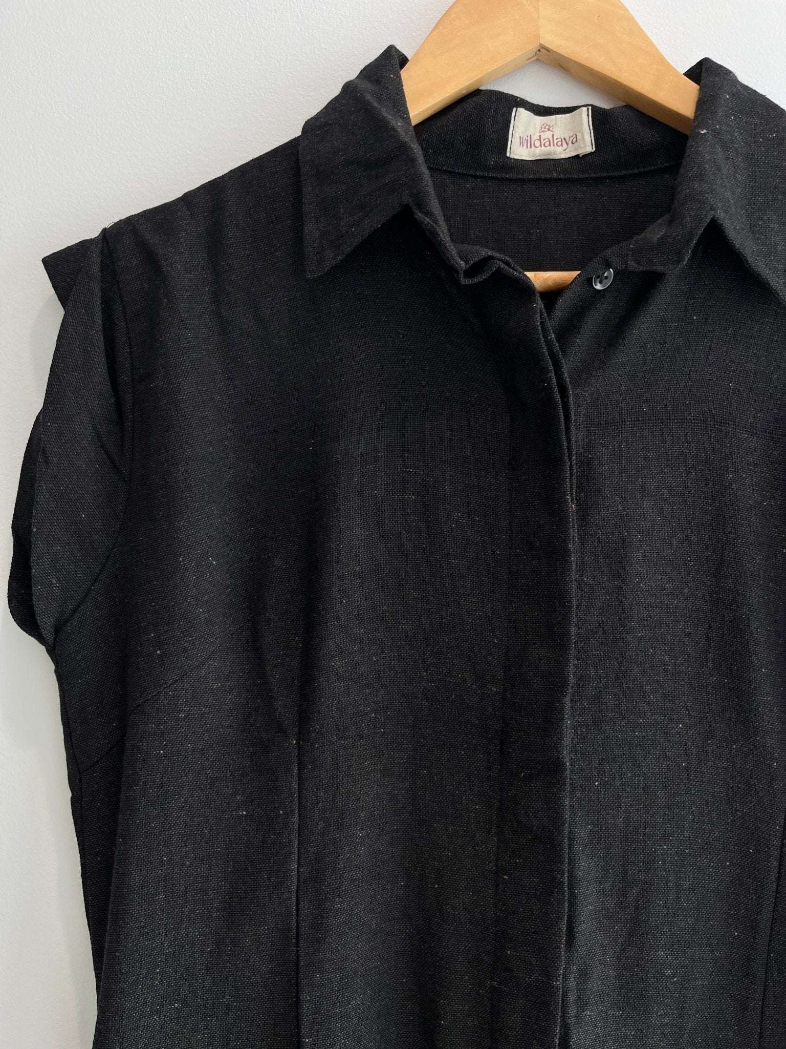Hemp Collar Black Sleeveless Shirt Dress - Wildalaya