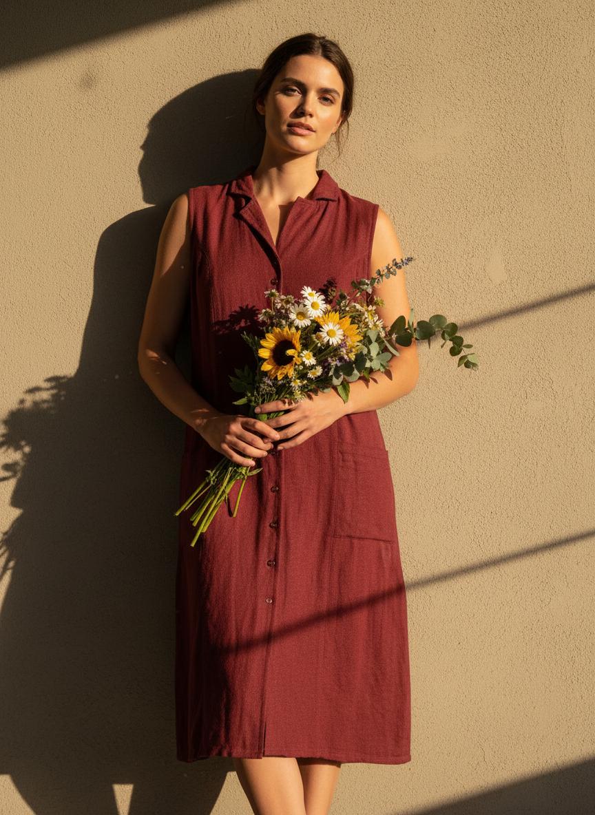 Red Vino Hemp Dress (Maroon Shirt Dress)