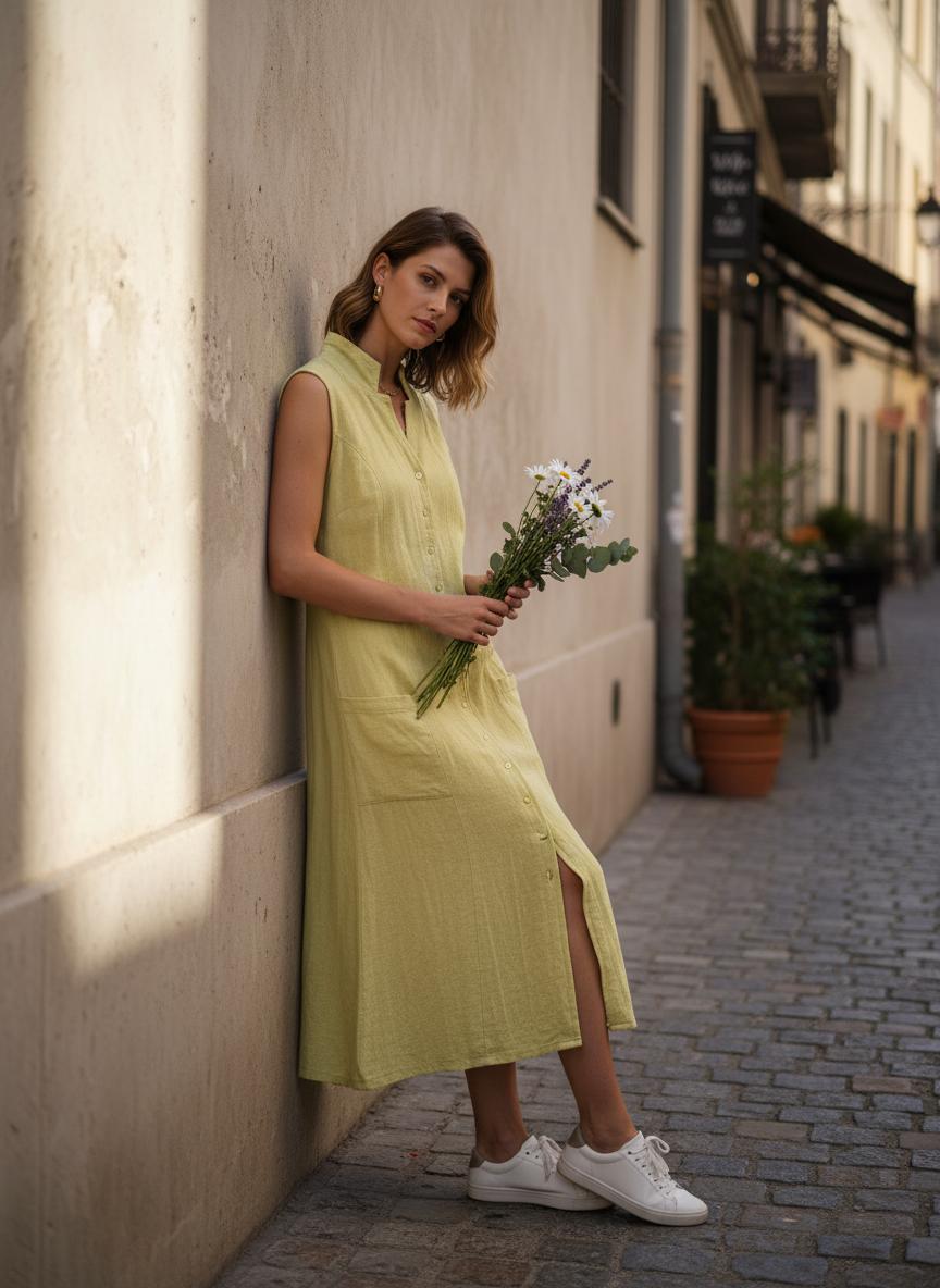 Lemon Hemp Dress (Light Green Shirt Dress)