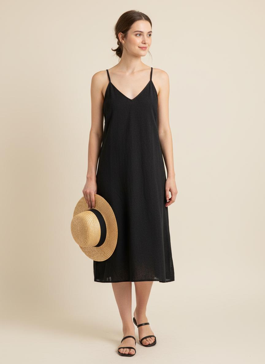 Hemp Black Midi Slip Dress Wildalaya