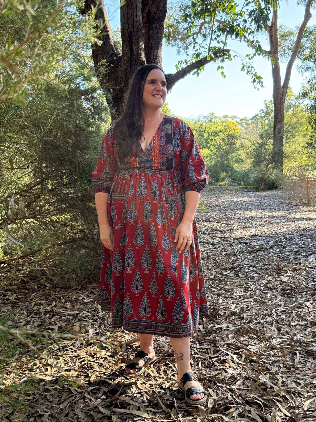 Redwood Tale Dress - Handblock Printed Cotton Midi Dress