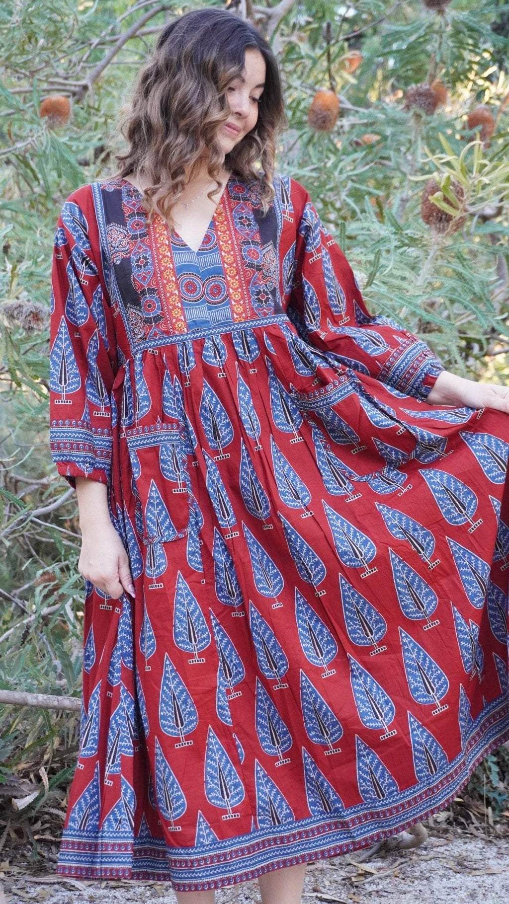 Redwood Tale Dress - Handblock Printed Cotton Midi Dress