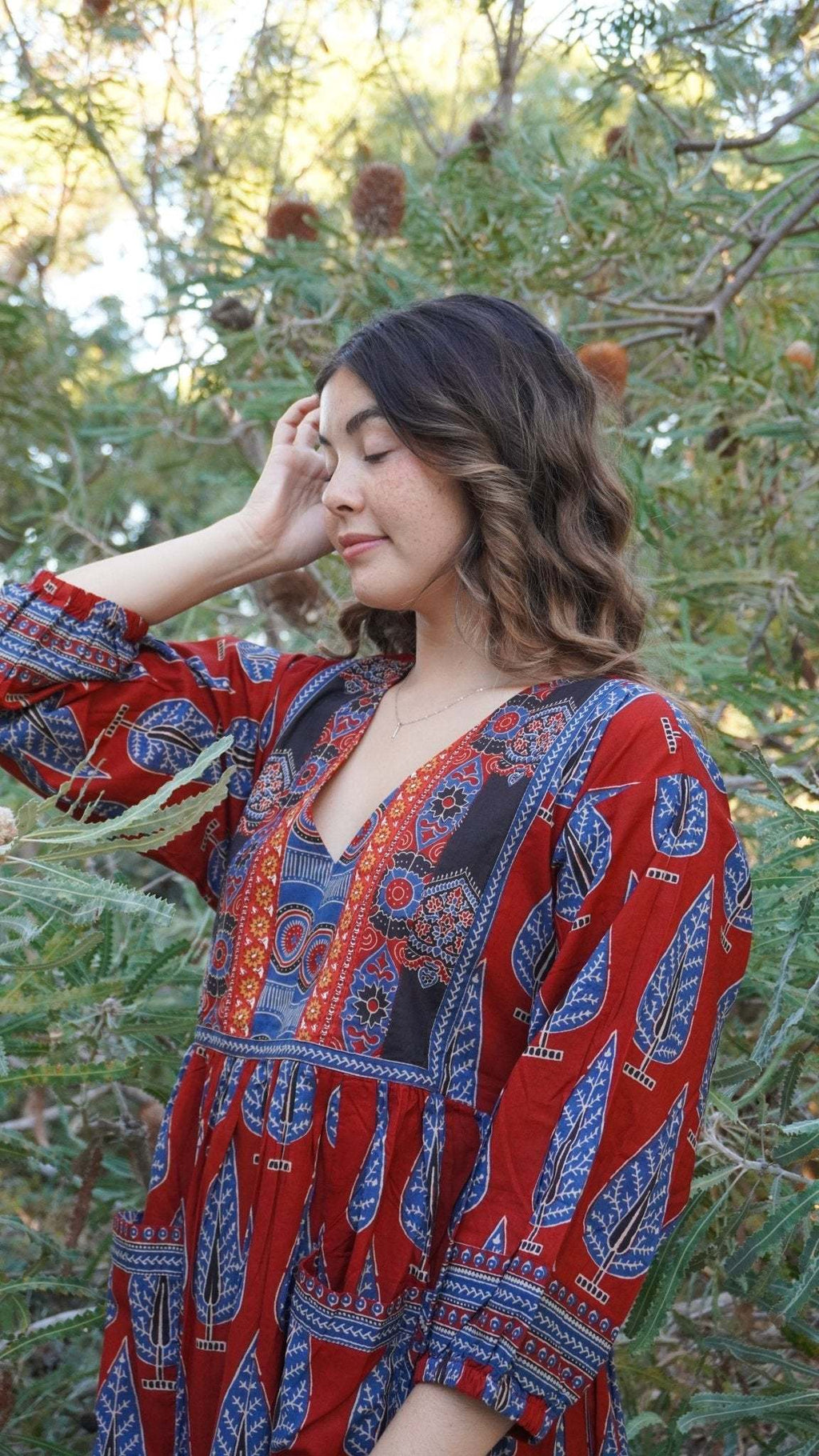 Redwood Tale Dress - Handblock Printed Cotton Midi Dress