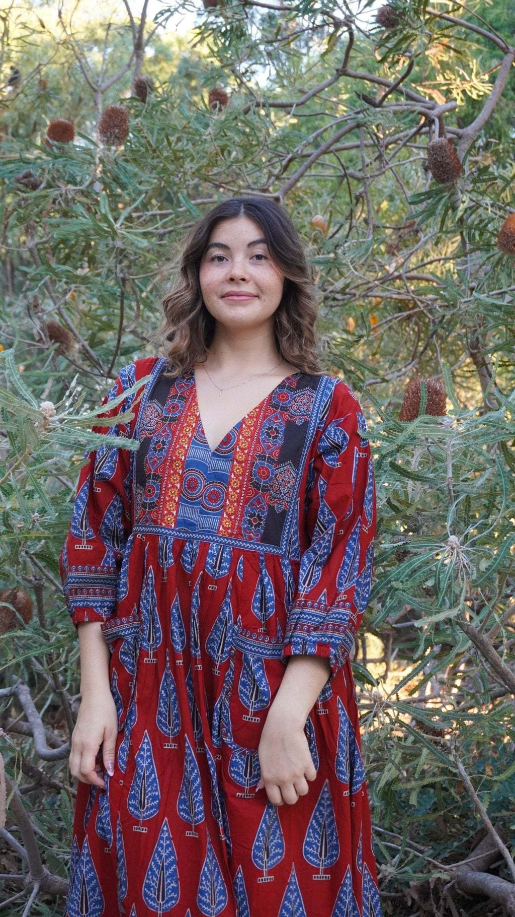 Redwood Tale Dress - Handblock Printed Cotton Midi Dress