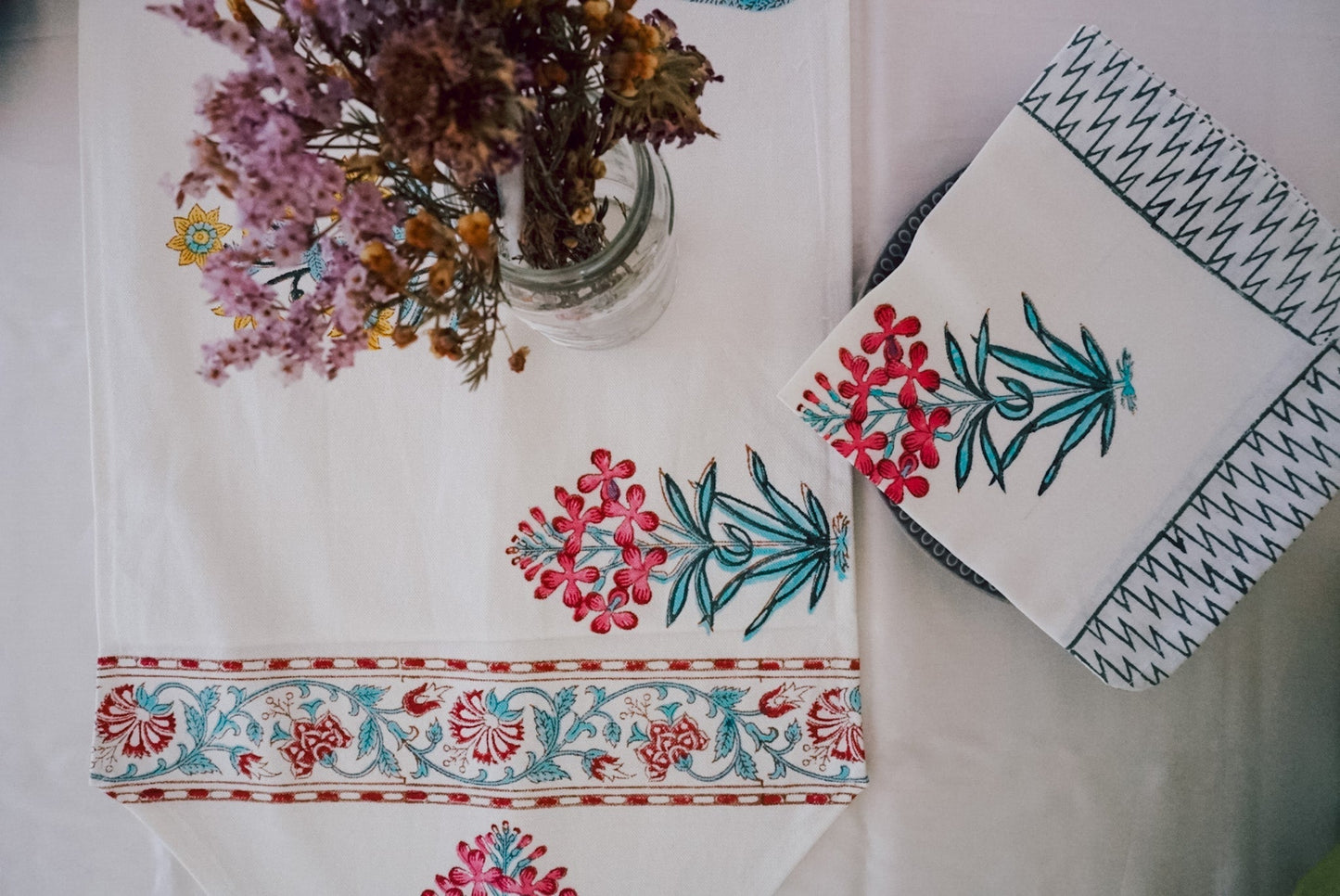 Gulaabi Handblock Printed Table Mats and Napkins (Set of 6) - Wildalaya