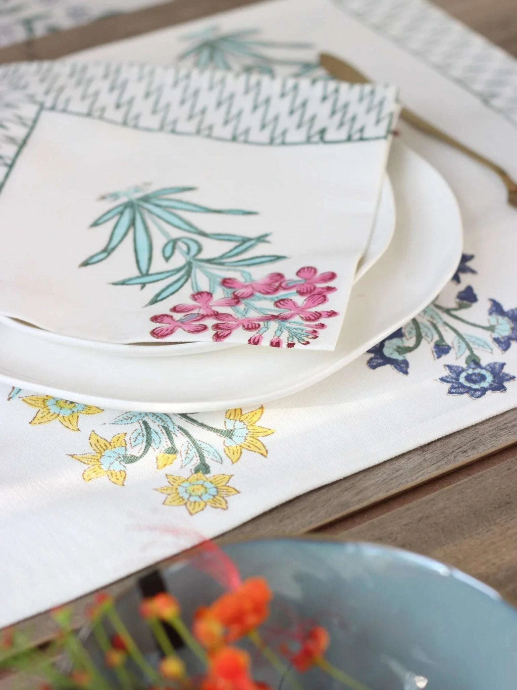 Gulaabi Handblock Printed Table Mats and Napkins (Set of 6) - Wildalaya