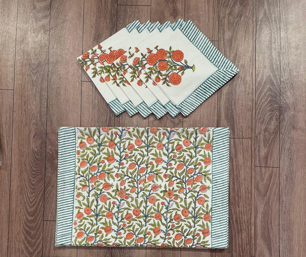 Kesariya Table Mats and Napkins (Set of 6) - Wildalaya Handblock Table Mats